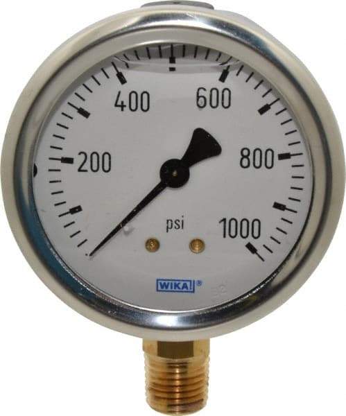 Wika - 2-1/2" Dial, 1/4 Thread, 0-1,000 Scale Range, Pressure Gauge - Lower Connection Mount, Accurate to 1.5% of Scale - Benchmark Tooling