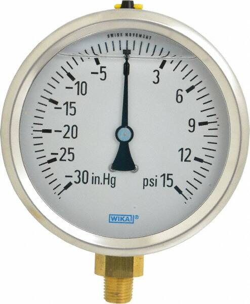 Wika - 4" Dial, 1/4 Thread, 30-0-15 Scale Range, Pressure Gauge - Lower Connection Mount, Accurate to 1% of Scale - Benchmark Tooling