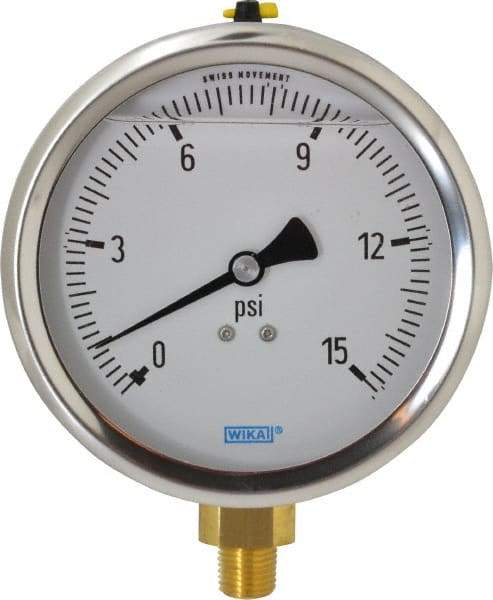 Wika - 4" Dial, 1/4 Thread, 0-15 Scale Range, Pressure Gauge - Lower Connection Mount, Accurate to 1% of Scale - Benchmark Tooling