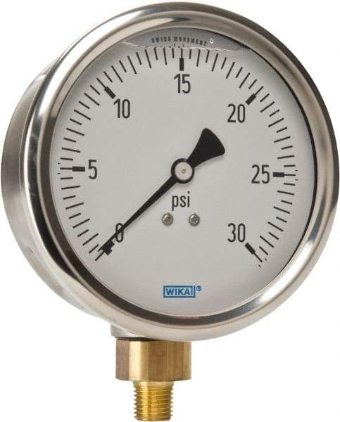 Wika - 4" Dial, 1/4 Thread, 0-30 Scale Range, Pressure Gauge - Lower Connection Mount, Accurate to 1% of Scale - Benchmark Tooling