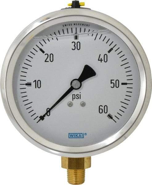 Wika - 4" Dial, 1/4 Thread, 0-60 Scale Range, Pressure Gauge - Lower Connection Mount, Accurate to 1% of Scale - Benchmark Tooling