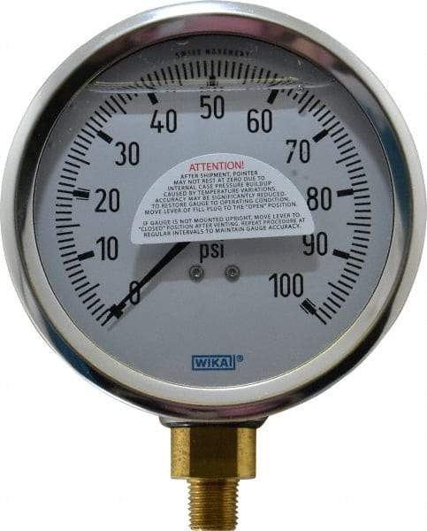 Wika - 4" Dial, 1/4 Thread, 0-100 Scale Range, Pressure Gauge - Lower Connection Mount, Accurate to 1% of Scale - Benchmark Tooling