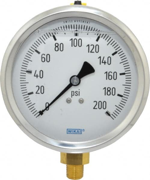 Wika - 4" Dial, 1/4 Thread, 0-200 Scale Range, Pressure Gauge - Lower Connection Mount, Accurate to 1% of Scale - Benchmark Tooling