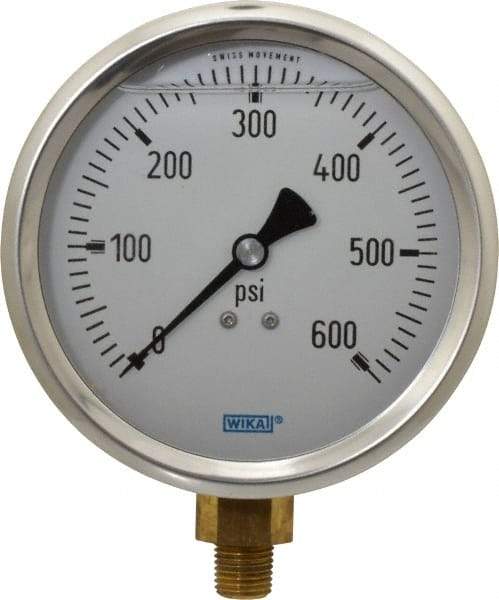 Wika - 4" Dial, 1/4 Thread, 0-600 Scale Range, Pressure Gauge - Lower Connection Mount, Accurate to 1% of Scale - Benchmark Tooling