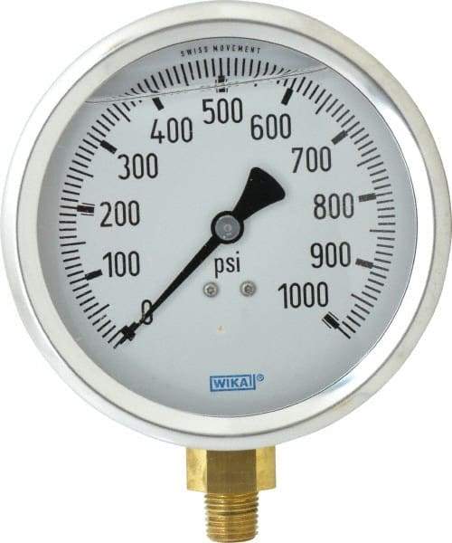 Wika - 4" Dial, 1/4 Thread, 0-1,000 Scale Range, Pressure Gauge - Lower Connection Mount, Accurate to 1% of Scale - Benchmark Tooling