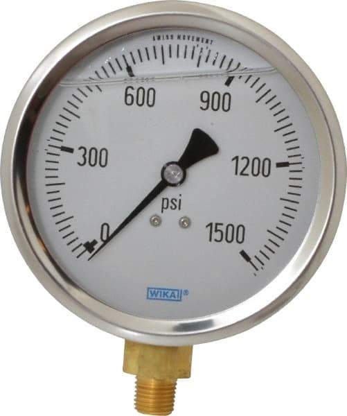 Wika - 4" Dial, 1/4 Thread, 0-1,500 Scale Range, Pressure Gauge - Lower Connection Mount, Accurate to 1% of Scale - Benchmark Tooling