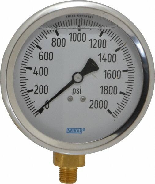 Wika - 4" Dial, 1/4 Thread, 0-2,000 Scale Range, Pressure Gauge - Lower Connection Mount, Accurate to 1% of Scale - Benchmark Tooling