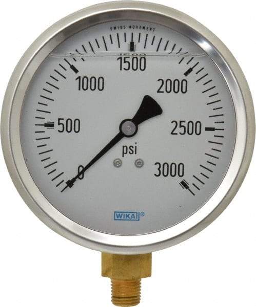 Wika - 4" Dial, 1/4 Thread, 0-3,000 Scale Range, Pressure Gauge - Lower Connection Mount, Accurate to 1% of Scale - Benchmark Tooling