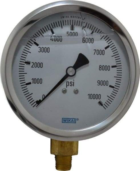 Wika - 4" Dial, 1/4 Thread, 0-10,000 Scale Range, Pressure Gauge - Lower Connection Mount, Accurate to 1% of Scale - Benchmark Tooling