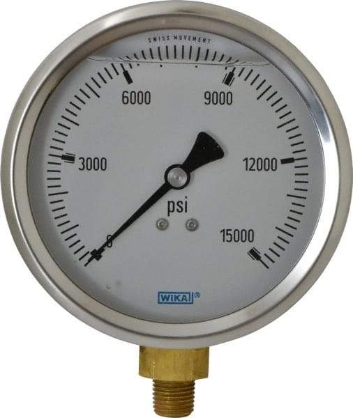 Wika - 4" Dial, 1/4 Thread, 0-15,000 Scale Range, Pressure Gauge - Lower Connection Mount, Accurate to 1% of Scale - Benchmark Tooling