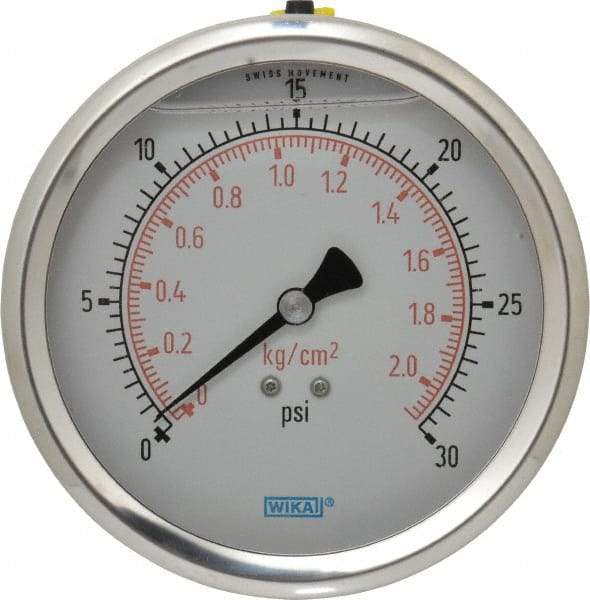 Wika - 4" Dial, 1/4 Thread, 0-30 Scale Range, Pressure Gauge - Lower Back Connection Mount, Accurate to 1% of Scale - Benchmark Tooling