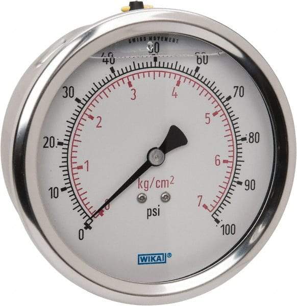 Wika - 4" Dial, 1/4 Thread, 0-100 Scale Range, Pressure Gauge - Lower Back Connection Mount, Accurate to 1% of Scale - Benchmark Tooling