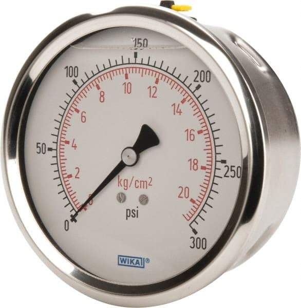 Wika - 4" Dial, 1/4 Thread, 0-300 Scale Range, Pressure Gauge - Lower Back Connection Mount, Accurate to 1% of Scale - Benchmark Tooling