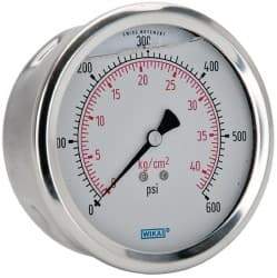 Wika - 4" Dial, 1/4 Thread, 0-600 Scale Range, Pressure Gauge - Lower Back Connection Mount, Accurate to 1% of Scale - Benchmark Tooling