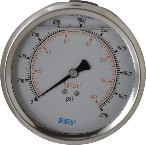Wika - 4" Dial, 1/4 Thread, 0-2,000 Scale Range, Pressure Gauge - Lower Back Connection Mount, Accurate to 1% of Scale - Benchmark Tooling