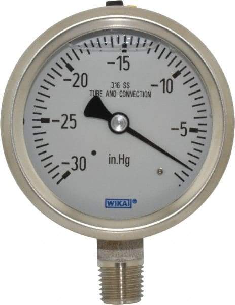 Wika - 2-1/2" Dial, 1/4 Thread, 30-0 Scale Range, Pressure Gauge - Lower Connection Mount, Accurate to 1.5% of Scale - Benchmark Tooling