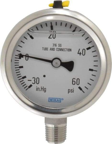 Wika - 2-1/2" Dial, 1/4 Thread, 30-0-60 Scale Range, Pressure Gauge - Lower Connection Mount, Accurate to 1.5% of Scale - Benchmark Tooling