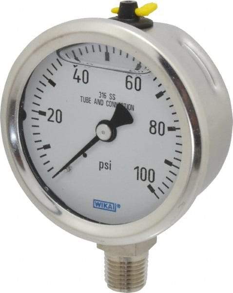 Wika - 2-1/2" Dial, 1/4 Thread, 0-100 Scale Range, Pressure Gauge - Lower Connection Mount, Accurate to 1.5% of Scale - Benchmark Tooling