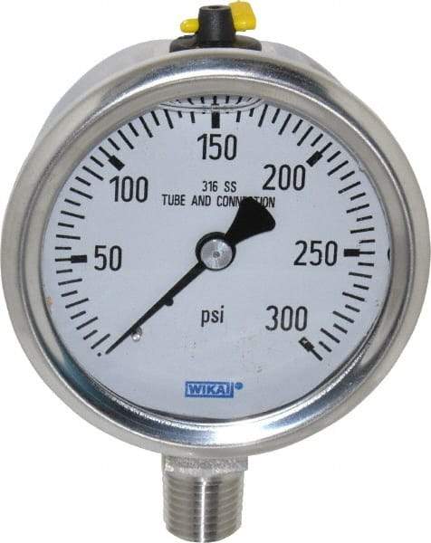 Wika - 2-1/2" Dial, 1/4 Thread, 0-300 Scale Range, Pressure Gauge - Lower Connection Mount, Accurate to 1.5% of Scale - Benchmark Tooling