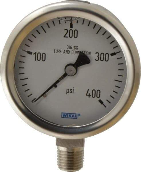 Wika - 2-1/2" Dial, 1/4 Thread, 0-400 Scale Range, Pressure Gauge - Lower Connection Mount, Accurate to 1.5% of Scale - Benchmark Tooling