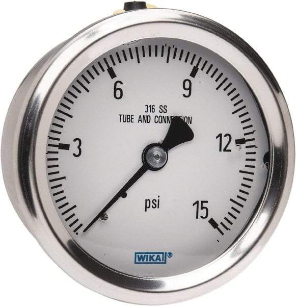 Wika - 2-1/2" Dial, 1/4 Thread, 0-15 Scale Range, Pressure Gauge - Center Back Connection Mount, Accurate to 1.5% of Scale - Benchmark Tooling