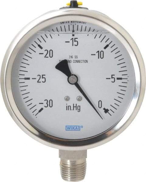 Wika - 4" Dial, 1/2 Thread, 30-0 Scale Range, Pressure Gauge - Lower Connection Mount, Accurate to 1% of Scale - Benchmark Tooling