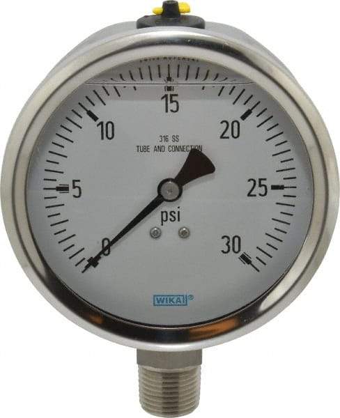 Wika - 4" Dial, 1/2 Thread, 0-30 Scale Range, Pressure Gauge - Lower Connection Mount, Accurate to 1% of Scale - Benchmark Tooling