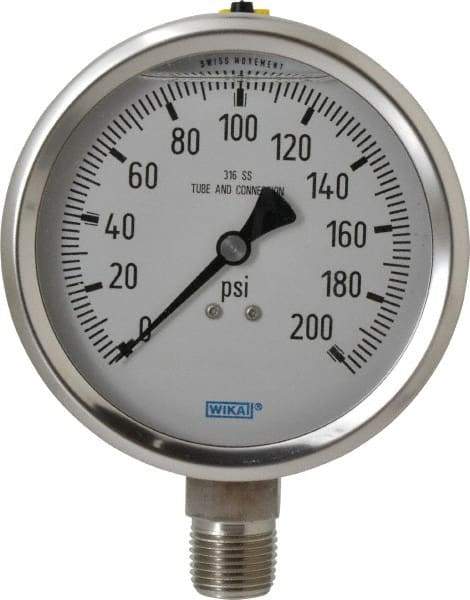 Wika - 4" Dial, 1/2 Thread, 0-200 Scale Range, Pressure Gauge - Lower Connection Mount, Accurate to 1% of Scale - Benchmark Tooling