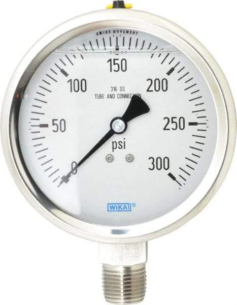 Wika - 4" Dial, 1/2 Thread, 0-300 Scale Range, Pressure Gauge - Lower Connection Mount, Accurate to 1% of Scale - Benchmark Tooling