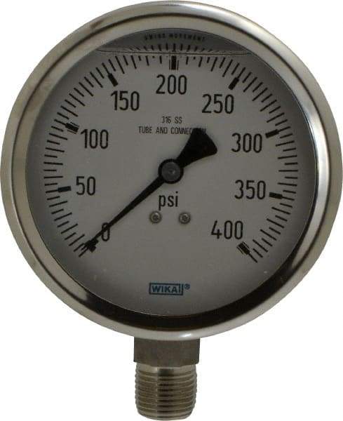 Wika - 4" Dial, 1/2 Thread, 0-400 Scale Range, Pressure Gauge - Lower Connection Mount, Accurate to 1% of Scale - Benchmark Tooling