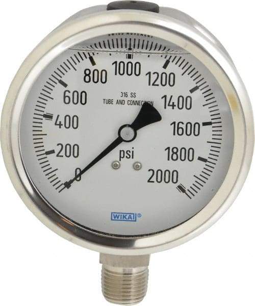 Wika - 4" Dial, 1/2 Thread, 0-2,000 Scale Range, Pressure Gauge - Lower Connection Mount, Accurate to 1% of Scale - Benchmark Tooling