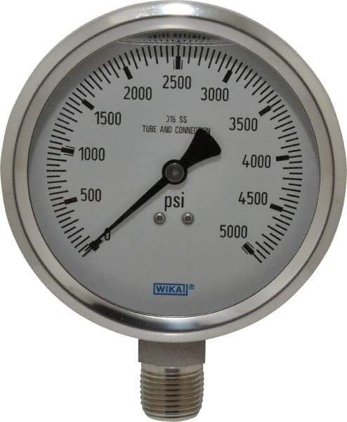 Wika - 4" Dial, 1/2 Thread, 0-5,000 Scale Range, Pressure Gauge - Lower Connection Mount, Accurate to 1% of Scale - Benchmark Tooling