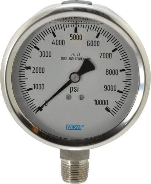 Wika - 4" Dial, 1/2 Thread, 0-10,000 Scale Range, Pressure Gauge - Lower Connection Mount, Accurate to 1% of Scale - Benchmark Tooling