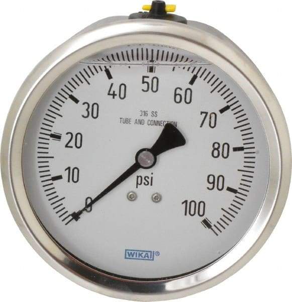 Wika - 4" Dial, 1/2 Thread, 0-100 Scale Range, Pressure Gauge - Lower Back Connection Mount, Accurate to 1% of Scale - Benchmark Tooling