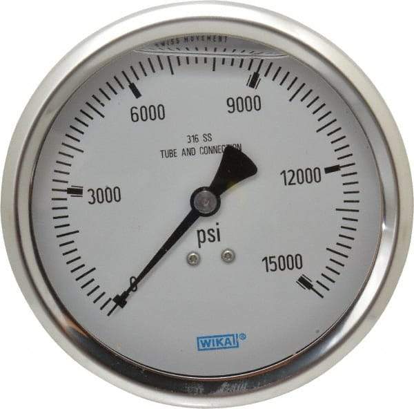 Wika - 4" Dial, 1/2 Thread, 0-15,000 Scale Range, Pressure Gauge - Lower Back Connection Mount, Accurate to 1% of Scale - Benchmark Tooling