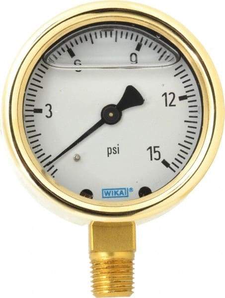 Wika - 2-1/2" Dial, 1/4 Thread, 0-15 Scale Range, Pressure Gauge - Lower Connection Mount, Accurate to 1.5% of Scale - Benchmark Tooling