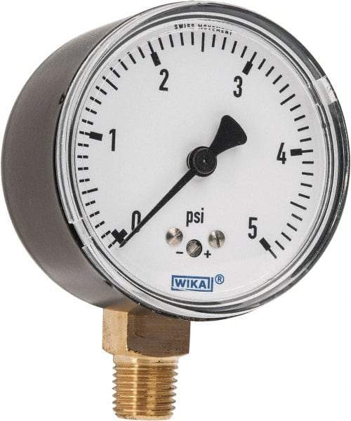 Wika - 2-1/2" Dial, 1/4 Thread, 0-5 Scale Range, Pressure Gauge - Lower Connection Mount, Accurate to 1.5% of Scale - Benchmark Tooling