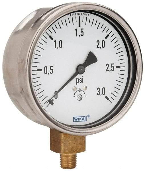 Wika - 4" Dial, 1/4 Thread, 0-3 Scale Range, Pressure Gauge - Lower Connection Mount, Accurate to 1.5% of Scale - Benchmark Tooling