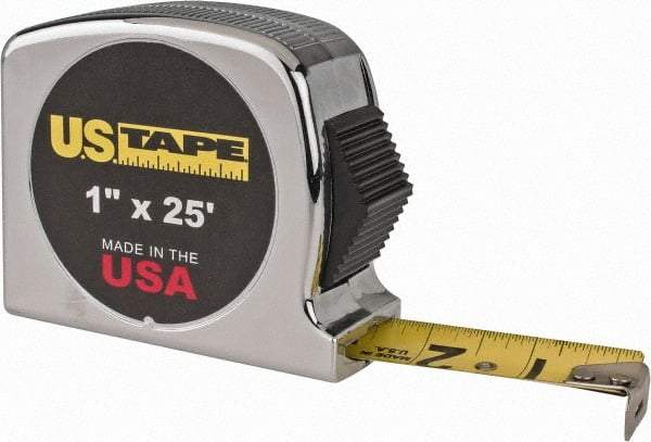 US Tape - 25' x 1" Yellow Blade Tape Measure - 1/32 & 1/16" Graduation, Inch Graduation Style, Silver Case - Benchmark Tooling