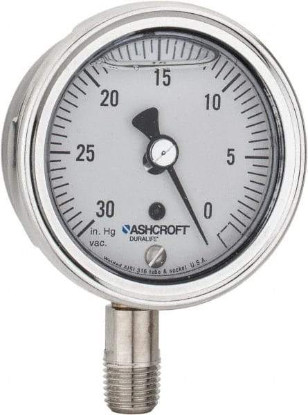 Ashcroft - 2-1/2" Dial, 1/4 Thread, 30-0 Scale Range, Pressure Gauge - Lower Connection Mount, Accurate to 1% of Scale - Benchmark Tooling