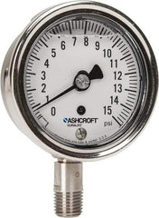 Ashcroft - 2-1/2" Dial, 1/4 Thread, 0-15 Scale Range, Pressure Gauge - Lower Connection Mount, Accurate to 1% of Scale - Benchmark Tooling