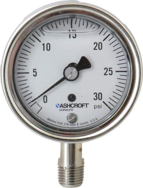 Ashcroft - 2-1/2" Dial, 1/4 Thread, 0-30 Scale Range, Pressure Gauge - Lower Connection Mount, Accurate to 1% of Scale - Benchmark Tooling