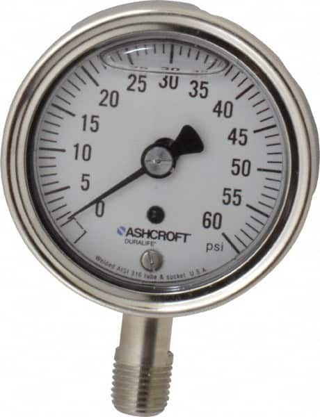 Ashcroft - 2-1/2" Dial, 1/4 Thread, 0-60 Scale Range, Pressure Gauge - Lower Connection Mount, Accurate to 1% of Scale - Benchmark Tooling