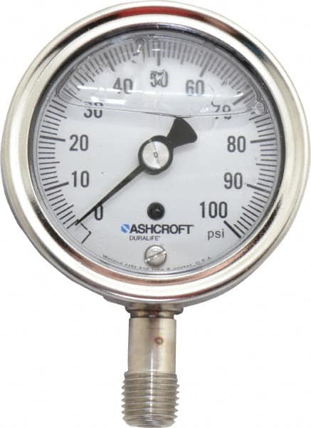 Ashcroft - 2-1/2" Dial, 1/4 Thread, 0-100 Scale Range, Pressure Gauge - Lower Connection Mount, Accurate to 1% of Scale - Benchmark Tooling