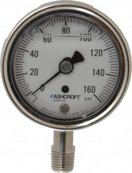 Ashcroft - 2-1/2" Dial, 1/4 Thread, 0-160 Scale Range, Pressure Gauge - Lower Connection Mount, Accurate to 1% of Scale - Benchmark Tooling