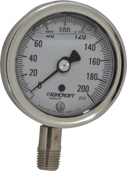 Ashcroft - 2-1/2" Dial, 1/4 Thread, 0-200 Scale Range, Pressure Gauge - Lower Connection Mount, Accurate to 1% of Scale - Benchmark Tooling