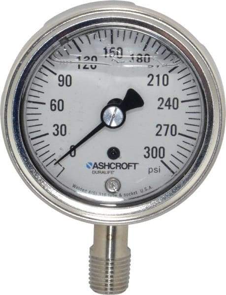 Ashcroft - 2-1/2" Dial, 1/4 Thread, 0-300 Scale Range, Pressure Gauge - Lower Connection Mount, Accurate to 1% of Scale - Benchmark Tooling