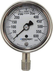 Ashcroft - 2-1/2" Dial, 1/4 Thread, 0-600 Scale Range, Pressure Gauge - Lower Connection Mount, Accurate to 1% of Scale - Benchmark Tooling