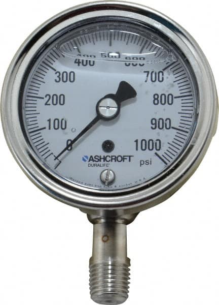 Ashcroft - 2-1/2" Dial, 1/4 Thread, 0-1,000 Scale Range, Pressure Gauge - Lower Connection Mount, Accurate to 1% of Scale - Benchmark Tooling