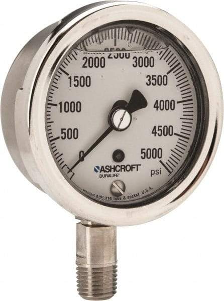 Ashcroft - 2-1/2" Dial, 1/4 Thread, 0-5,000 Scale Range, Pressure Gauge - Lower Connection Mount, Accurate to 1% of Scale - Benchmark Tooling